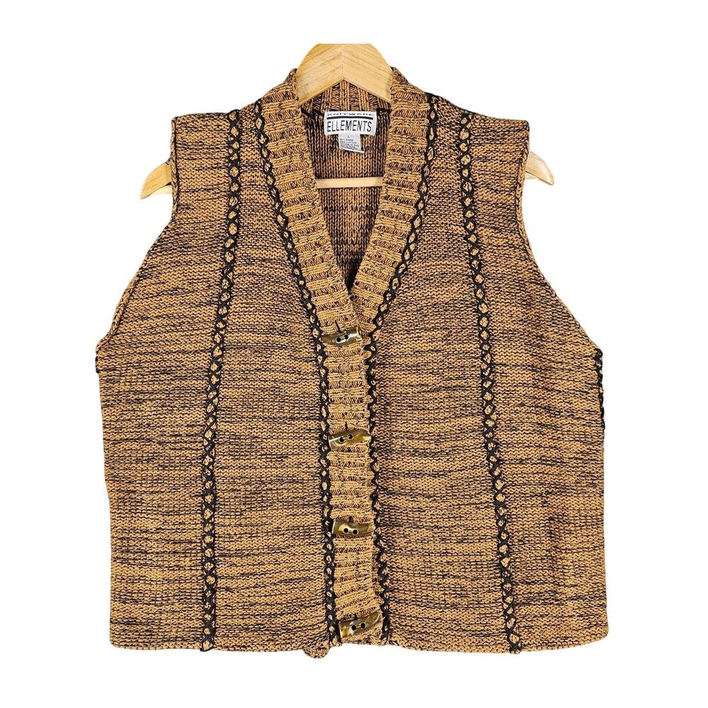 KNITWARE ELLEMENTS Y2K BROWN & BLACK TEXTURED KNIT BUTTON-UP VEST – SIZE LARGE